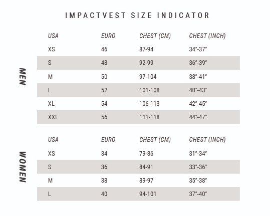 Mystic Impact Vest Size Chart